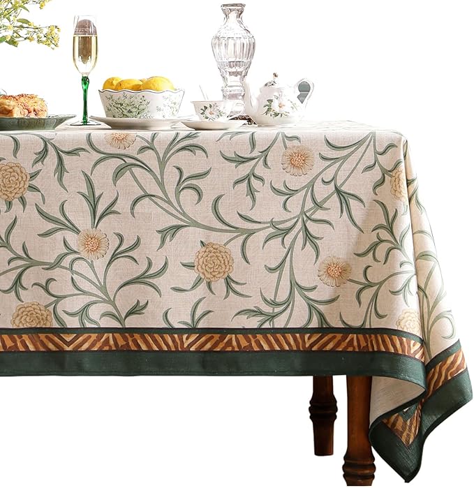 patdrea Vintage French Linen Tablecloth,Rectangular,102"x63"-Botticelli | Elegant Large Table Cloth for Rectangle Table,Sage Green Floral Vine Patterned,for Dining Room Tea Party Thanksgiving