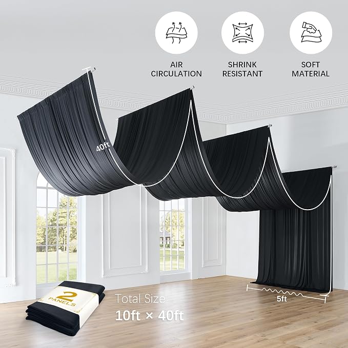 10ftx40ft Black Ceiling Curtain for Wedding Parties – 2 Panels Wrinkle-Free 40 FT Long Tent Draping Curtains for Wedding, Birthday & Theme Parties, 40ft Height with Rod Pocket