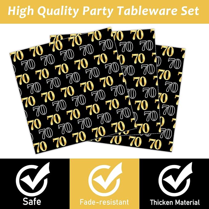 96PCS 70th Theme Birthday Party Tableware Vintage 1956 Party Supplies 70 Year Old Birthday Decorations Plates Napkins Forks Black and Gold Dinnerware Favors for Men or Women