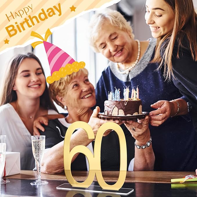 Threehoney 6 Pcs Mirror Gold 60th Birthday Decorations for Men and Women Acrylic Anniversary Decorations Table Numbers Centerpieces for Birthday Party