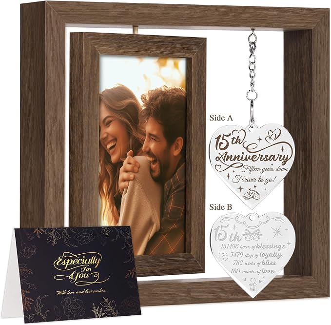 15 Year Anniversary Picture Frame Gifts for Him Her Couple Men Women Husband Wife, 15th Anniversary Wood Wedding Gifts Decorations, Fifteen Year Fifteenth Anniversary Personalized Gift
