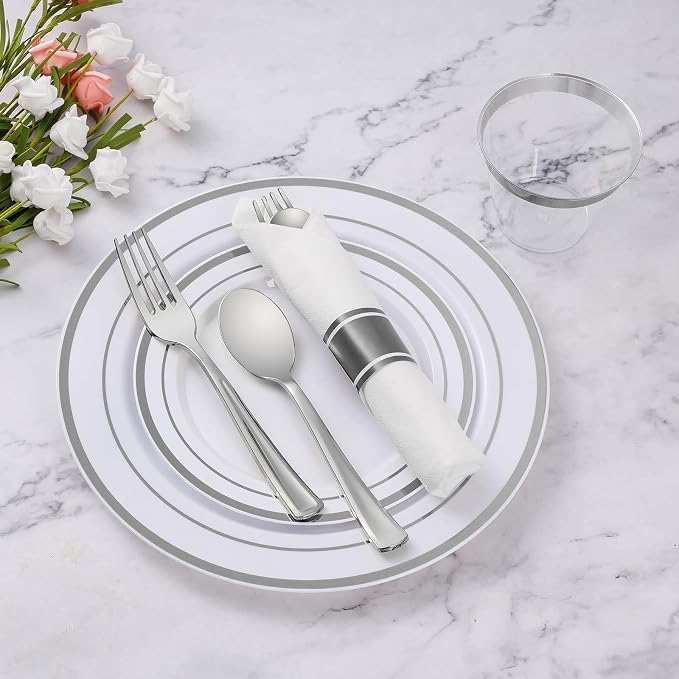 Goodluck 350 Piece Silver Plastic Dinnerware Set for 50 Guests, Fancy Disposable Plates for Party, Include: 50 Dinner Plates, 50 Dessert Plates, 50 Pre Rolled Napkins with Silver Silverware, 50 Cups