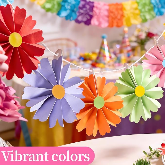 PAPER JAZZ 15pcs Colorful Paper Flower Fiesta Paper Fan Party Decorations, Mini Mexican Hanging Ornaments,Rainbow Paper Daisy with Small Flower for Spring Summer Easter Party