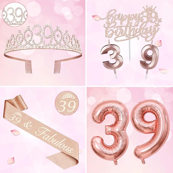 39th Birthday Decorations for Women, Including 39th Birthday Sash and Tiara, Cake Topper and Candles, Number Balloons, 39 Year Old Gifts for Women