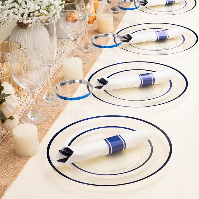 BESTSTAR 350PCS 4th of July Clear and Blue Disposable Plates Set for 50 Guests, 100 Plastic Plates, 50 Cups, 50 Pre-Rolled Napkins with Plastic Cutlery for 4th of July, Graduation Party, Birthday
