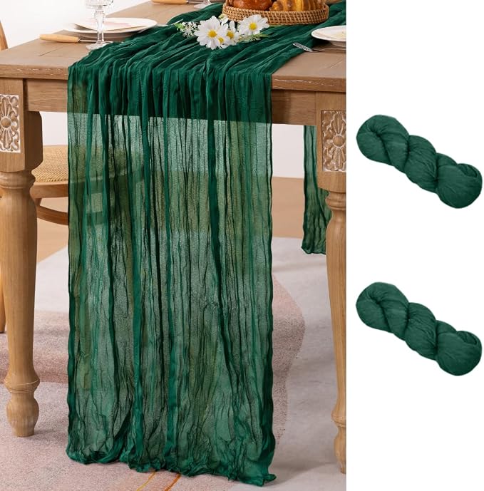 MLMC 2 Pack Emerald Green Table Runner Boho Dark Green Cheesecloth Table Runner 10ft Sheer Gauze Cheese Cloth Decorations for Wedding Bridal Shower Home Party Decor