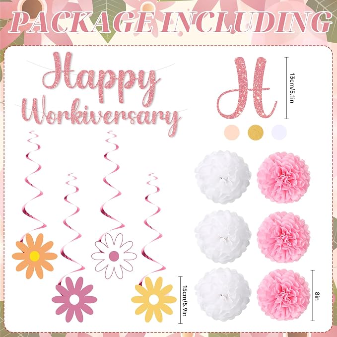 16pcs Happy Work Anniversary Decorations Banner Rose Gold Pink Happy Workiversary Banner Hanging Swirls Circle Dot Garland Pompoms for 10th 25th Work Anniversary Employee Appreciation Decorations
