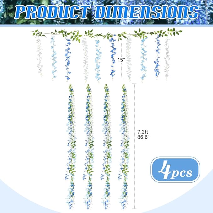 Thiccywoov 4pcs Wisteria Artificial Flowers Garland, 7.2Ft/Piece Wisteria Hanging Flowers Garland for Wedding Arch Decoration Outdoor Ceremony Home Backdrop Garden (Light Blue,Dark Blue,White)