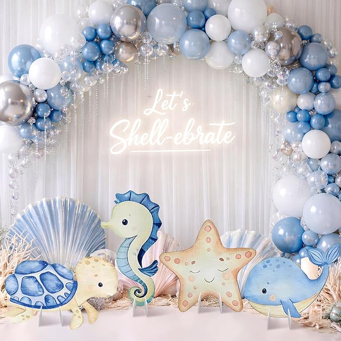 4 Pack Under The Sea Baby Shower Decorations 23 Inch Sea Animal Themed Party Cardboard Cutout Blue Turtle Seahorse Starfish Shell Stand-ups Ocean Theme Photo Booth Props(4 Pcs, Marine)