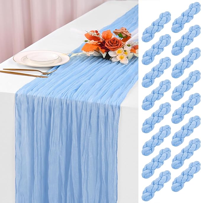 16 Pack Light Blue Cheesecloth Table Runner 120 Inch 10FT Spring Boho Rustic Sheer Gauze Cheese Cloth Table Runner for Wedding Baby Shower Birthday Party Table Decor