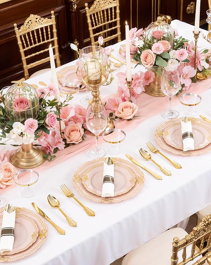 Ciaell 350 PCS Pink Plastic Plates - Pink and Gold Disposable Plates Include 50 Disposable Plate, 150 Heavy Duty Silverware, 50 Cups, 50 Napkins for Wedding & Party & Anniversary & Mother's Day