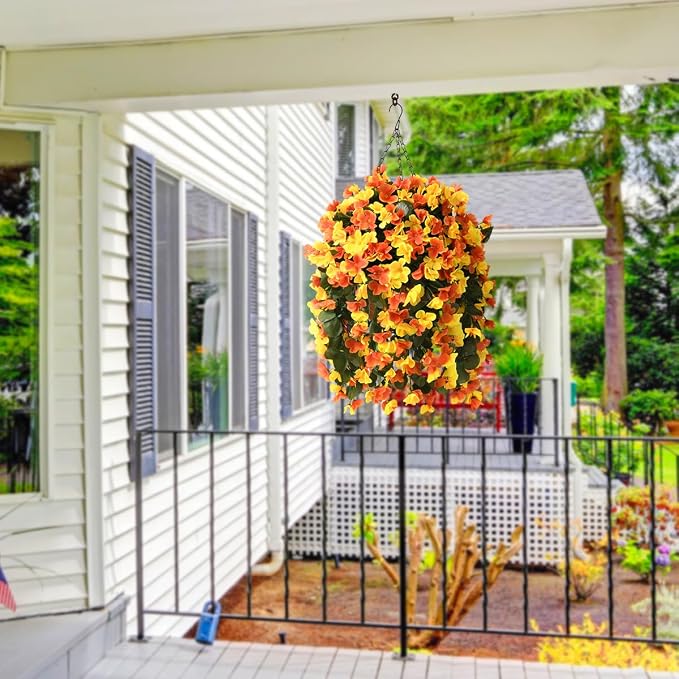 INQCMY Fake Flowers with Hanging Basket Realistic Artificial Begonias | Faux Plants UV Resistant for Outdoors Fall Decor, Silk Trailing Flower for Outside Windowsill Porch Patio Yard Planters