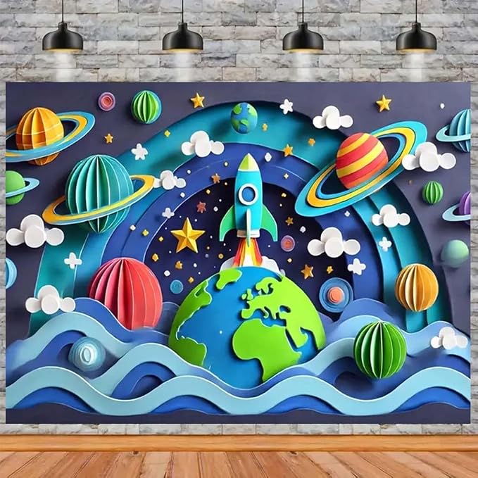Galaxy Planet Party Photo Backdrop Space Happy Birthday Photography Background for Kids Boys Birthday Celebrations Party Decorations Solar System Planets Galaxy Banner(C, 9x6feet)