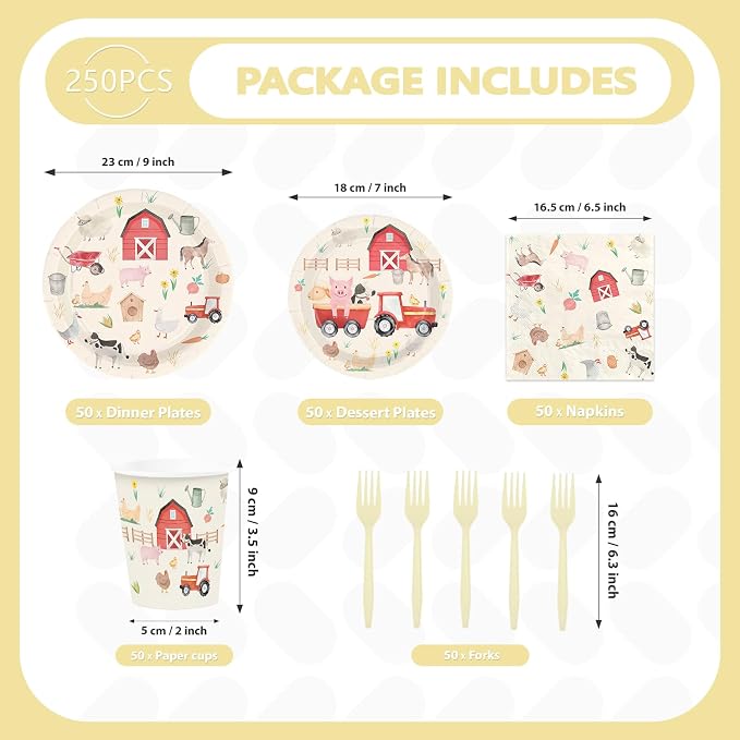 250Pcs Farm Chicken Party Supplies Silly Goose Chicken Flower Horse Cow Plates Napkins Cups Forks Farm Animals Disposable Tableware Set for Farmer Kids Tea Party Baby Shower Party Decor Serves 50