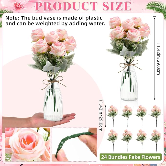 Zeyune 36 Pack Artificial Flowers Centerpiece with Vase Bulk for Wedding Table 24 Bundles Silk Floral Faux Rose Bouquet with 12 Plastic Vase for Bridal Shower Table Decor(Light Pink)