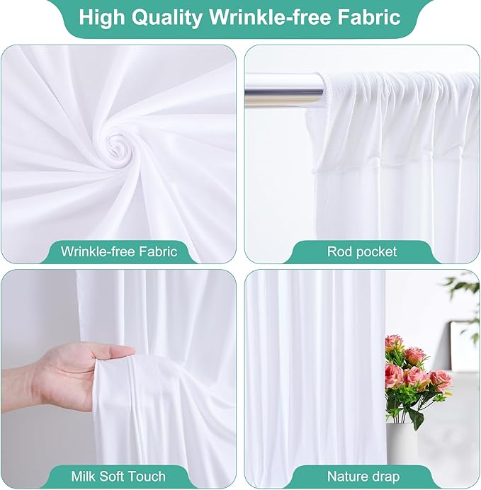 White Backdrop Curtains for Wedding, Wrinkle Free Polyester Photography Backdrop Drapes 8x10FT Photo Backdrop for Baby Shower Birthday Parties Stage Photoshoot Background Decorations 4x10ft,2 Panels