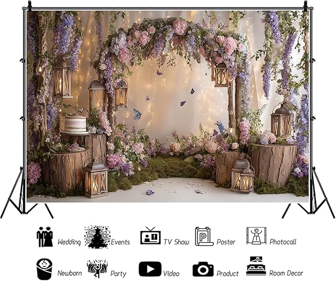 Baocicco Purple Flowers Wall Backdrop 10x7ft Rustic Style Wooden Arch Door Butterfly Background Photography Rural Wedding Baby Shower Birthday Party Banner Supplies Anniversary Decorations Props