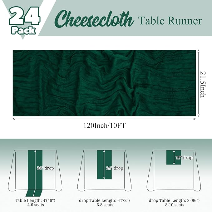 24 Pack Emerald Green Table Runner 10Ft Cheesecloth Table Runner Rustic Gauze Table Runner Romantic Long Sheer Fabric Cheese Cloth Table Runner for Wedding Party Bridal Baby Shower