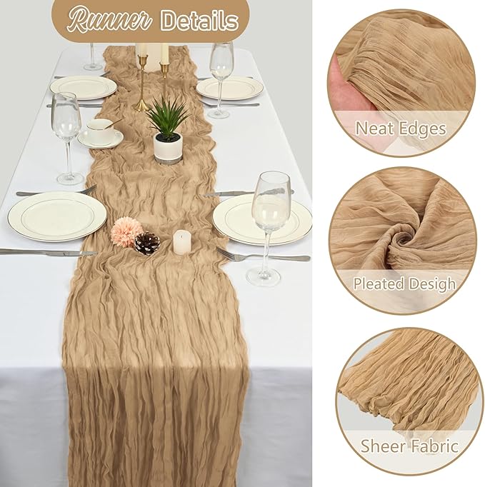 10 Pack Beige Cheesecloth Table Runner 10FT Boho Gauze Fabric Cheese Cloth Table Runners for Wedding ,Party,Baby Shower, Bridal Party, Rustic Farmhouse and Table Decorations