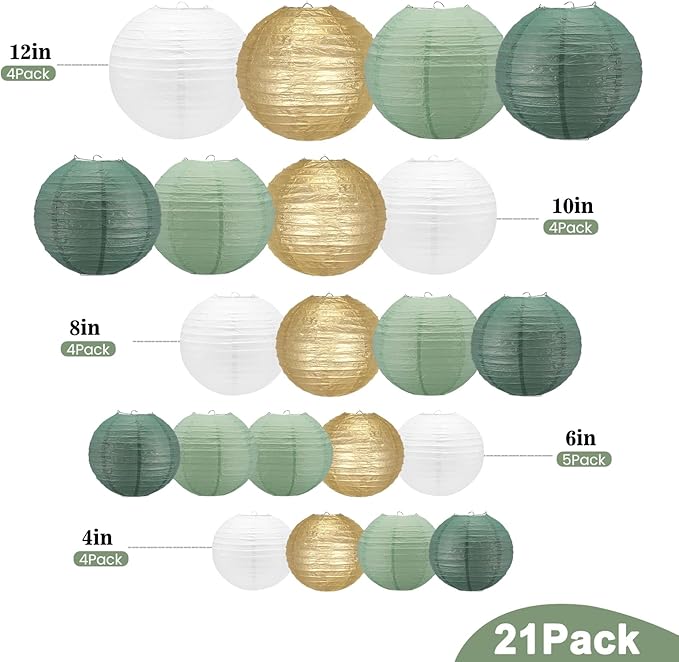 21Pcs Sage Green Paper Lanterns,4"6"8"10"12" Hanging Round Paper Lanterns Decorative for Indoor or Outdoor Weddings Bridal Shower Decorations,Rustic Party,Graduation,Sage Green Birthday Party Supplies