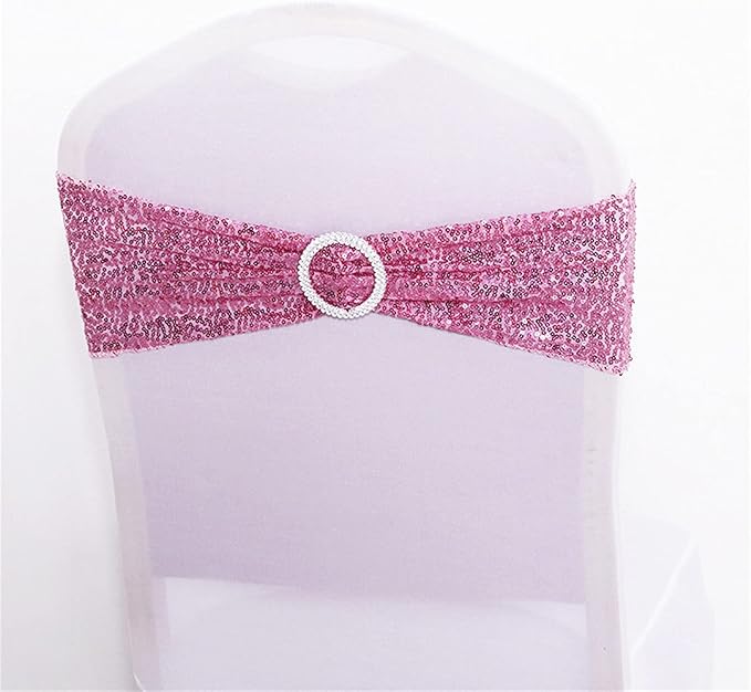 10 PCS Stretch Sequin Chair Sashes Chair Stretchy Spandex Bands for Wedding Reception Events Banquets Chairs Decoration (Pink)
