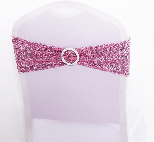 10 PCS Stretch Sequin Chair Sashes Chair Stretchy Spandex Bands for Wedding Reception Events Banquets Chairs Decoration (Pink)