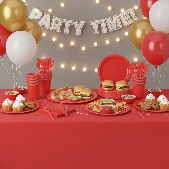 Red Plastic Plates Tableware Set - 50 Guest - 7&9inch Plates,Napkins,Forks,Cups & Tablecloths,Disposable Party Supplies for Birthday,BBQ,Christmas
