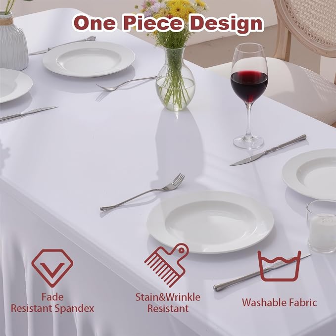 3 Pack White Spandex Table Cloths for 6 Foot Rectangle Tables, Wrinkle Free Fitted Table Covers 6 Ft Stretch Polyester Tablecloths with Skirt for Party Banquet Wedding Birthday Christmas