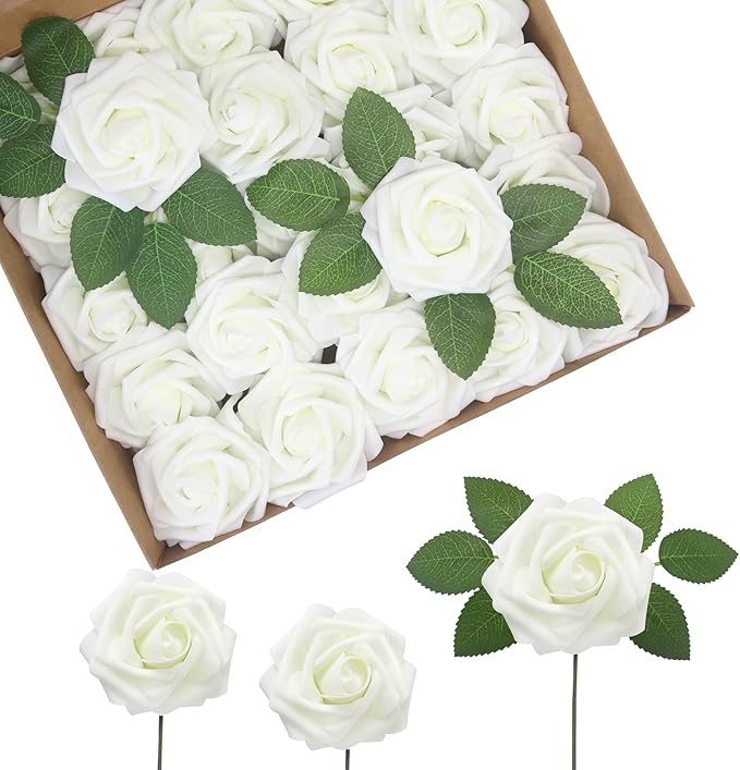 JOYLEX Artificial Flowers Realistic Roses, 25pcs Real Looking Fake Roses with Stem for DIY Wedding Bouquets Centerpieces Bridal Shower Party Home Romantic Decorations (25pcs, Milk White)