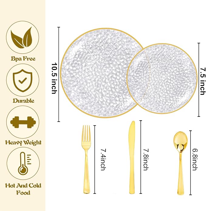 Rubtlamp 30Guest Plastic Gold Dinnerware Set, Gold Plastic Plates, Heavy Duty Disposable Dinnerware Include 30 Dinner Plate,30 Dessert Plates, 90 gold Silverware