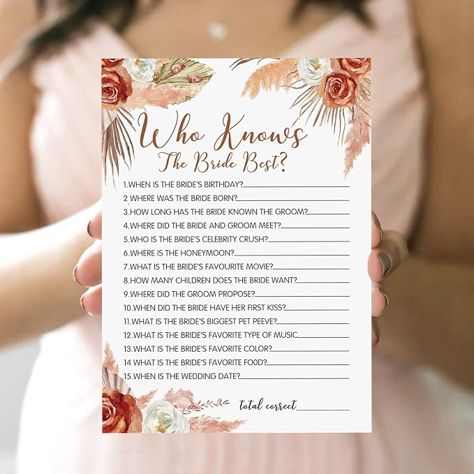 Levfla 300 Pcs Boho Bridal Shower Games Cards - Set of 6 (50 Guests) with Tropical Bohemian Bride to Be Sash 4 PCS Marker Pens Suitable for Pampas Grass Bridal Shower, Terracotta Bachelorette Party