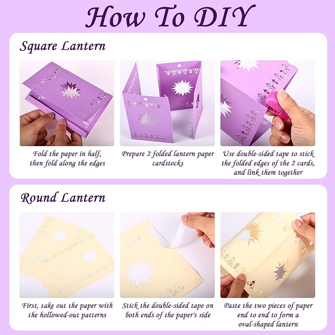 20 Pcs DIY Hanging Lanterns with String Light, Sun Shaped Thickened Paper Cutout Lantern for Princess Girls Birthday Party Home Yard Festival Decorations (10 Yellow+10 Purple, Batteries Not Included)