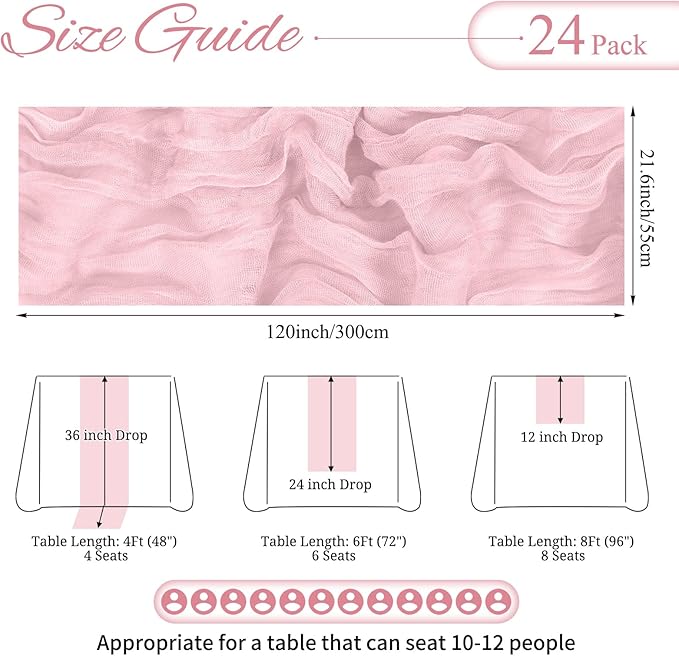 24 Pack Pink Cheesecloth Table Runner 10FT Light Pink Boho Gauze Cheese Cloth Table Runner Rustic Sheer Fabric Table Runners for Wedding Bridal Shower Baby Shower Party(21.5×120 Inch)