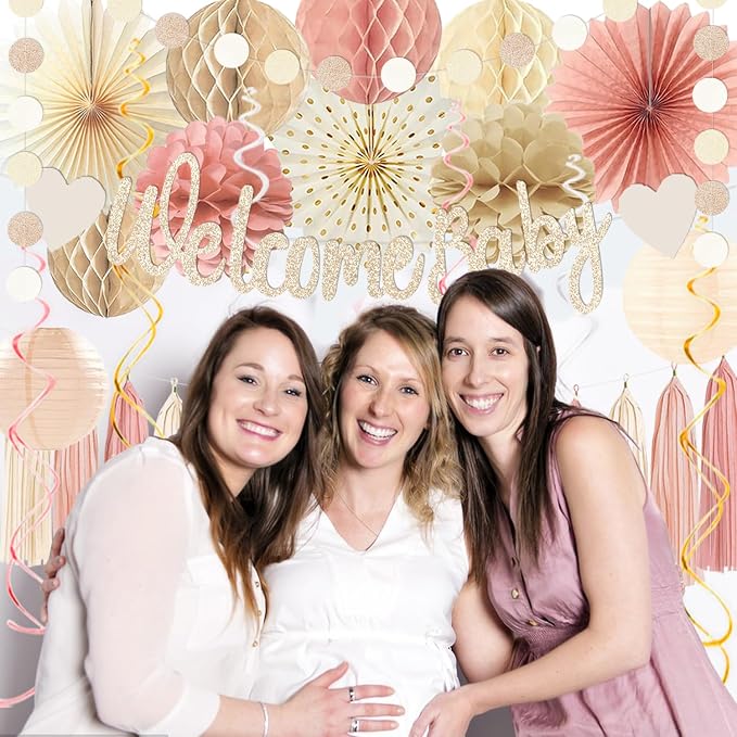Dusty Pink Boho Baby Shower Party-Decorations Beige Champagne Girl Welcome Baby Banner Décor With Honeycomb Balls Paper Flowers Lanterns Pompom Fans Hanging Swirls Tassel Garland Party Backdrop