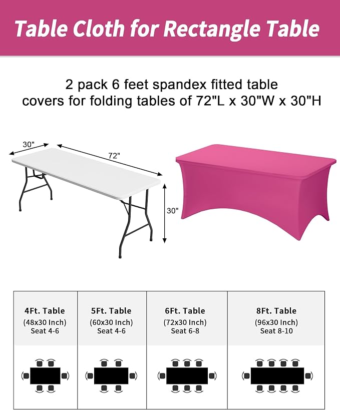 Fixwal Fuchsia Stretch Table Cloth Rectangle 2 Pack 6Ft, Spandex Fitted Table Covers Washable for Party, Trade Show, Banquet, Wedding, Buffet
