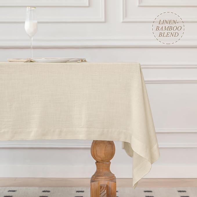 Linen World Linen Tablecloth 90x60 Inch, Rectangular Tablecloth Luxury Texture & Linen Look – Soft, Cool & Breathable Linen Blend Tablecloth for Dining, Kitchen, Outdoor, Easter-Sand Beige