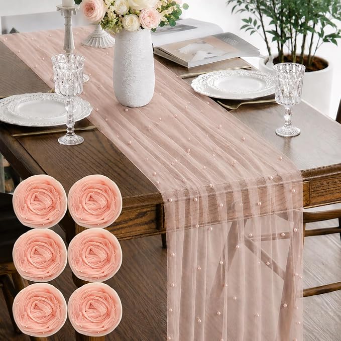 Pearl Pink Gauze Pearl Table Runner 120 Inch 10FT, Seasonal Sheer Dining Holiday Wedding Birthday Baby Shower Tulle Summer Table Decor for Home Party