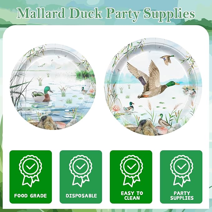 171pcs Mallard Duck Party Supplies Mallard Duck Party Plates Napkins Tableware Set Disposable Paper Cups Green Forks Tablecloth and Banner Duck Hunting Birthday Party Decorations Serves 24