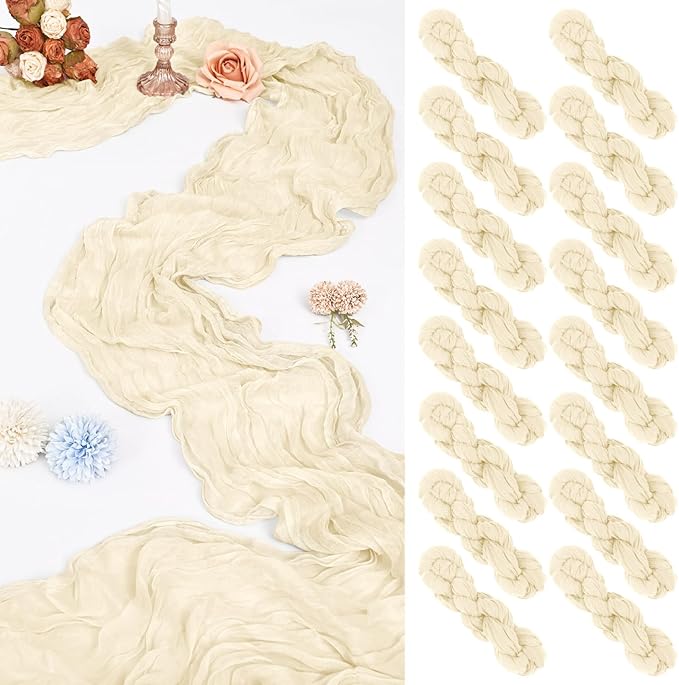 16 Pack 10Ft Cheesecloth Table Runner Ivory, 20 x 120 Inch Rustic Gauze Boho Cheese Cloth Runners Wedding Long Table Runner for Wedding Party Bridal Shower Table Decoration