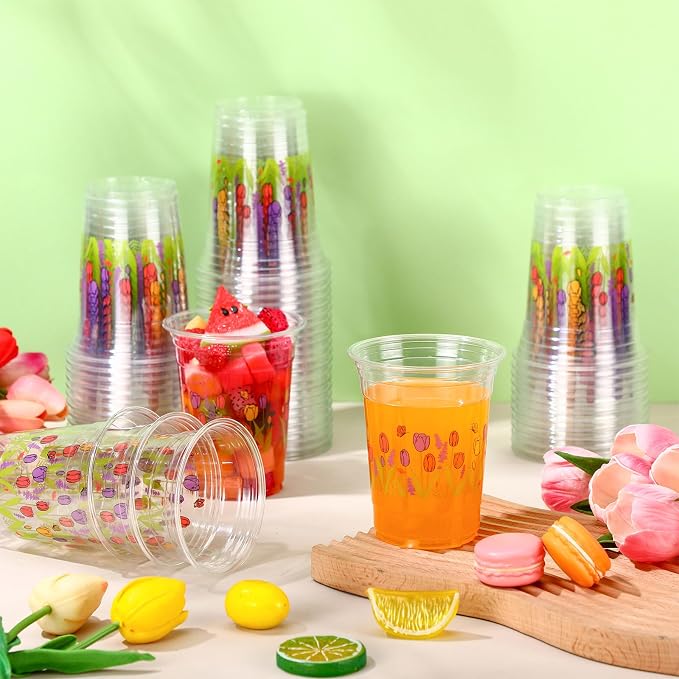 Hushee Tulips 60 Pcs Party Cups 16 oz Plastic Disposable Drinking Cups for Birthday Love Baby in Bloom Baby Shower Summer Fresh off The Market Bridal Shower Decorations Supplies