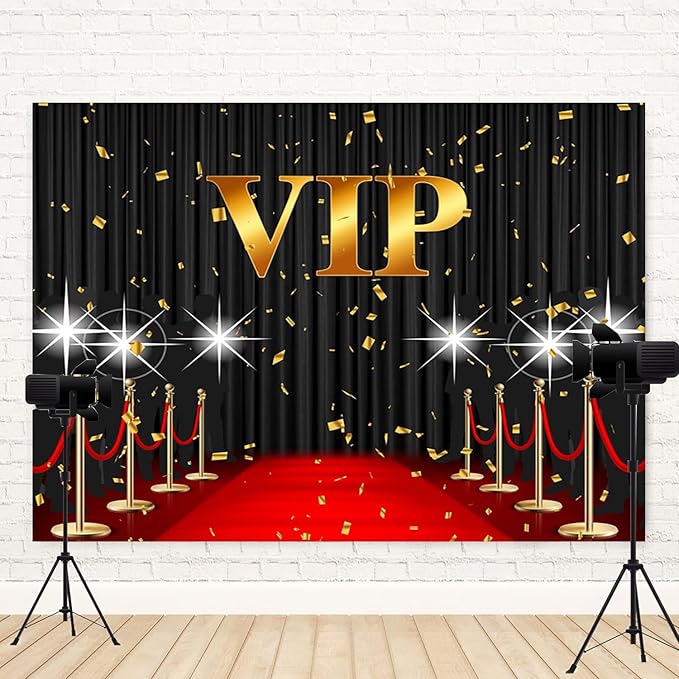 10x8ft VIP Backdrop Red Carpet Event Photography Background Black Curtain Star Catwalks Stage Film Movie Music Night Gold Banner Decorations Celebrity Activity Portrait Photo Booth Prop