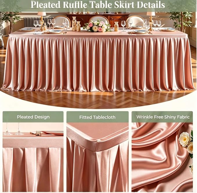 1 Pack Dusty Rose Satin Tablecloths Rectangle 4FT, Glitter Spandex Fitted Stretch Table Covers Wrinkle-Free Floor Length Shimmer Table Skirt for Weddings Parties Baby Shower Banquets Vendor Events
