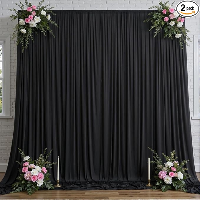 10ftx12ft Black Wrinkle-Free Wedding Backdrop Curtain -Silky Washable Black Polyester Drapes for Baby Showers, Birthday Parties, Photography, and Wedding Receptions-2 Panels 5FTx12FT