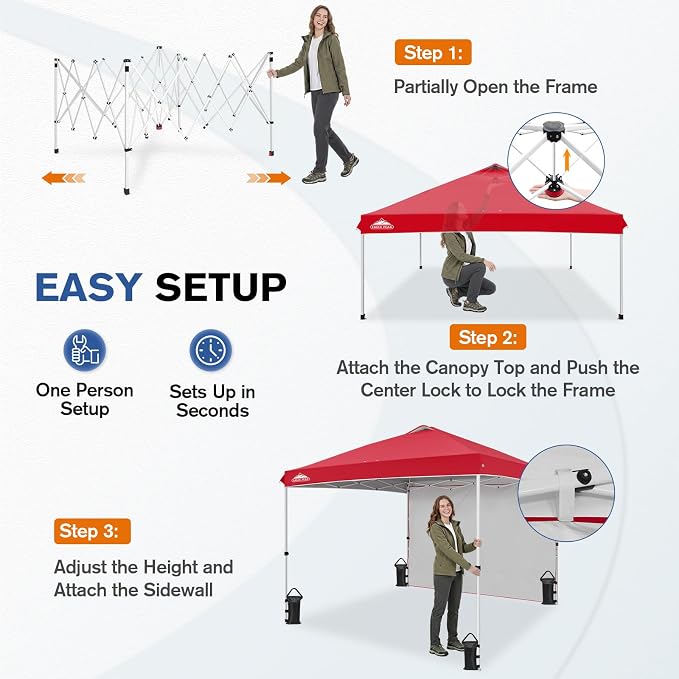 EAGLE PEAK Commercial Canopy 10x10 Pop Up Canopy Tent with 1 Sidewall, Easy Setup Heavy Duty Instant Event Shelter for Vendors & Markets, Outdoor Sun Shade, Red