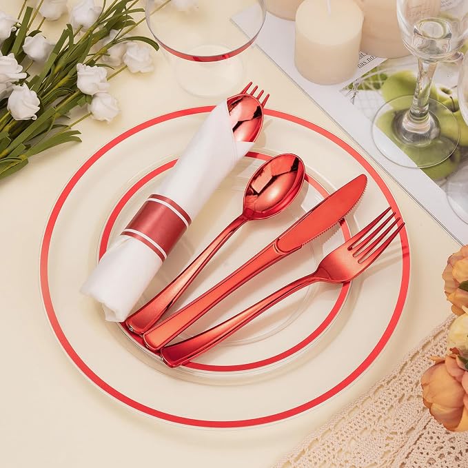 700PCS 4th of July Plastic Plates, Clear Red Disposable Plastic Dinnerware Set for 100 Guests, 200 Plastic Plates, 100 Cups, 100 Pre-Rolled Napkins with Cutlery for Party, Christmas, Birthday, Wedding