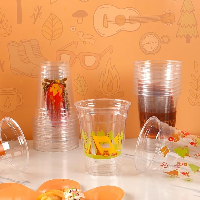 Camping Party Decorations Cups, 100 Pcs 12Oz Bulk Disposable Drinking Camping Theme Plastic Cups for BBQ Coffee Tea Beverage Backyard Birthday Shower Wedding Party Decorations Favors