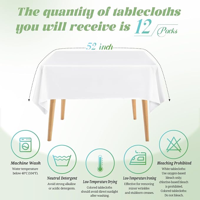 Teruntrue 12 Packs Square Tablecloth 52 x 52 Inch White Square Table Cloth, Washable Polyester Fabric, for Wedding Parties Banquet Holiday Dinner Table Decorative, White