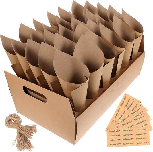 CIMAXIC 30-hole Kraft Paper Cones Box Set Wedding Party Favor Box Confetti Cone Holders for Decorative Party Favors