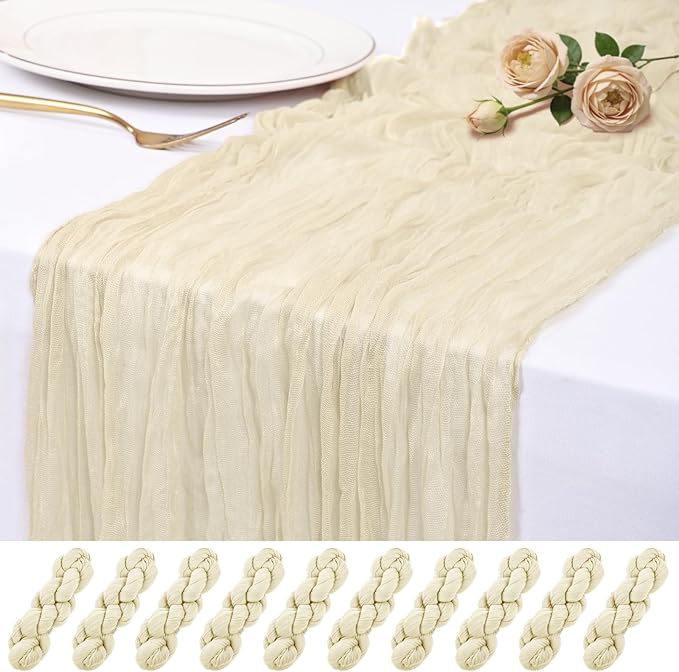 10 Pack Ivory Cheesecloth Table Runner 17x108 Inch Semi Sheer Boho Rustic Gauze Cheese Cloth Table Runners for Wedding Party Birthday Baby Shower Home Décor