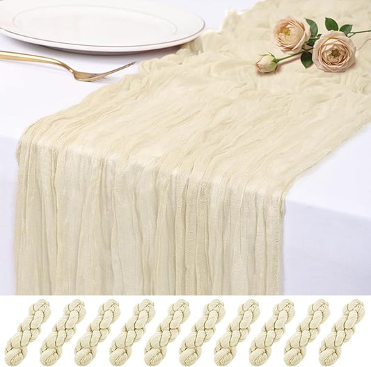 10 Pack Ivory Cheesecloth Table Runner 17x108 Inch Semi Sheer Boho Rustic Gauze Cheese Cloth Table Runners for Wedding Party Birthday Baby Shower Home Décor